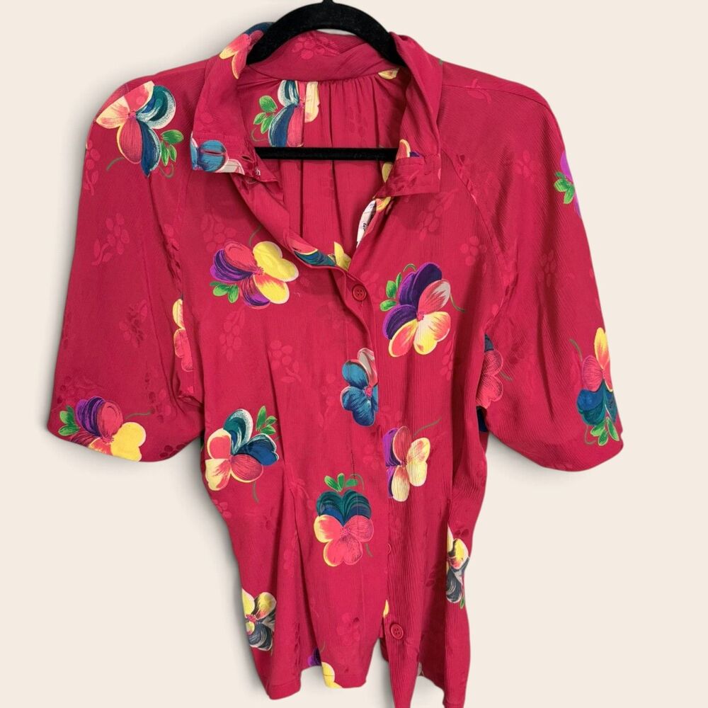 Vintage Ungaro Ter 100% Silk Floral Blouse 6/40 Red 80s 90s Designer